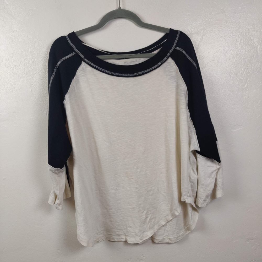 Free People Starry Haze Raglan Top Womens Medium Cream Black Raglan Baseball